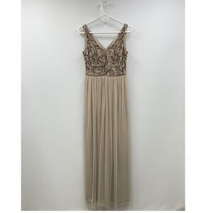Adrianna Papell Beaded Sequin Sleeveless V-Neck Chiffon Maxi Dress Formal 0